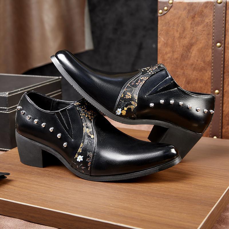 Retro High-heeled Pointed Leather Shoes Men's Large-size Business Dress Casual Shoes European and American Fashion Rivets Cuban Shoes Men