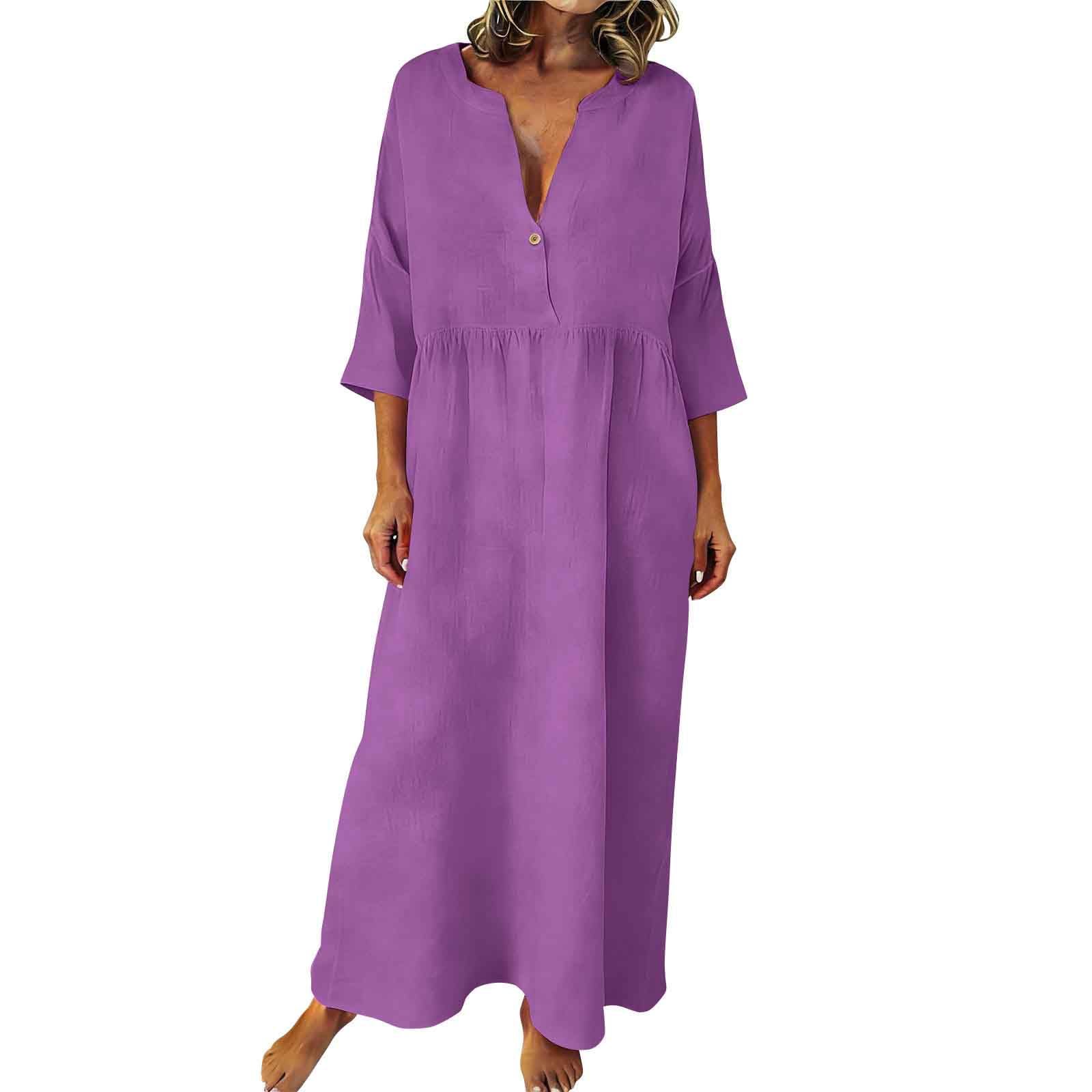 

Women s Fashionable Cotton-Linen Long Dress Loose-Fit Casual V-Neck Plus Size Dress XL фіолетовий