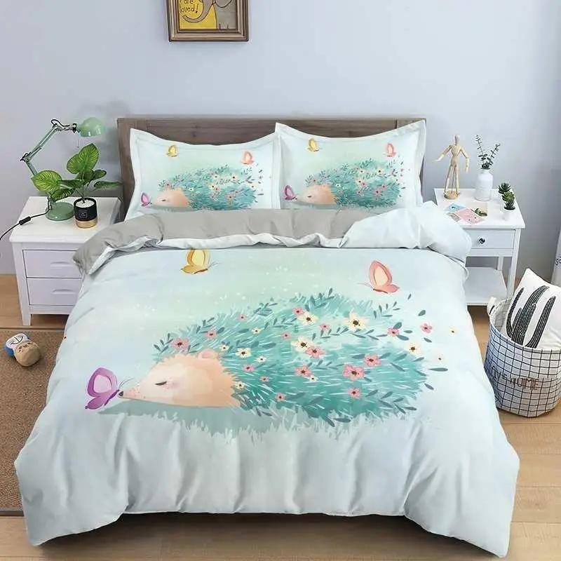 3D Cartoon Hedgehog Pattern Bedding Set Home Decoration Duvet Pillowcase Bedding Gift for Children and Teenagers