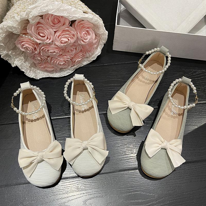 Flat-bottomed Mary Jane single shoes girl 2025 spring and autumn new pearl bow fairy style gentle shoes versatile Doudou shoes