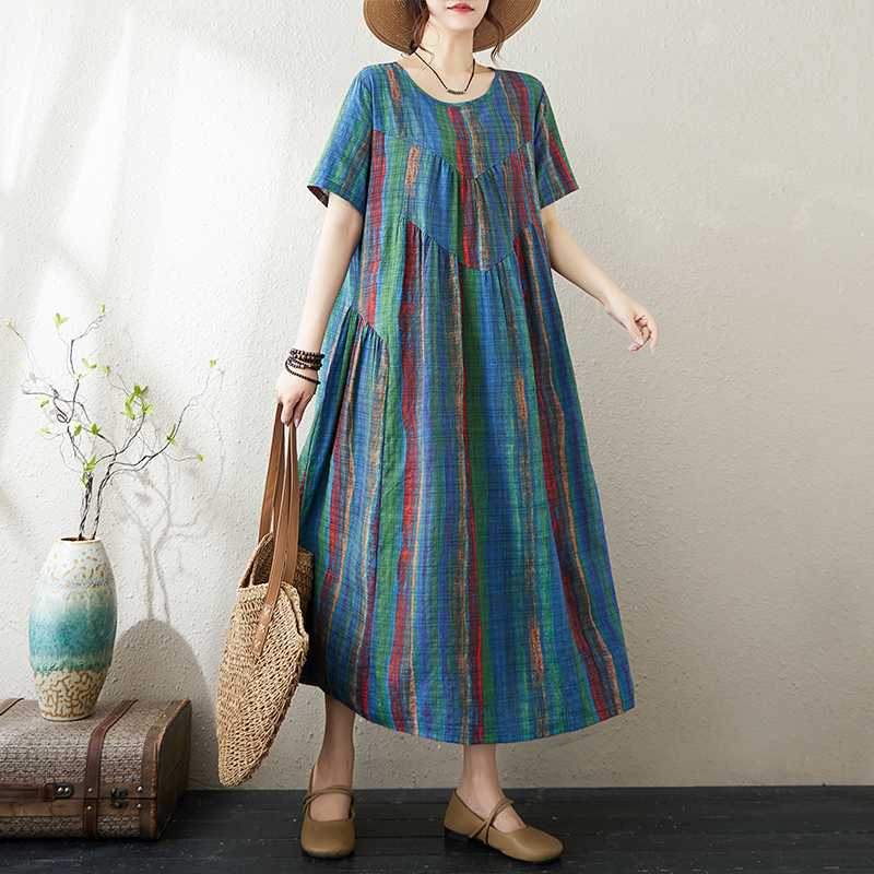 

Полосатое хлопково-льняное платье, женское свободное с короткими рукавами и круглым вырезом, длинная юбка XL