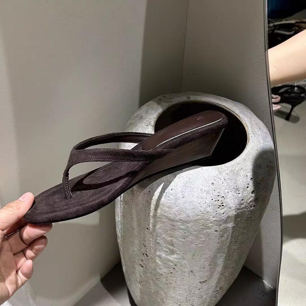 High sense of high heel summer new toe high heel drag versatile outer wear round head slope heel flip-flops women