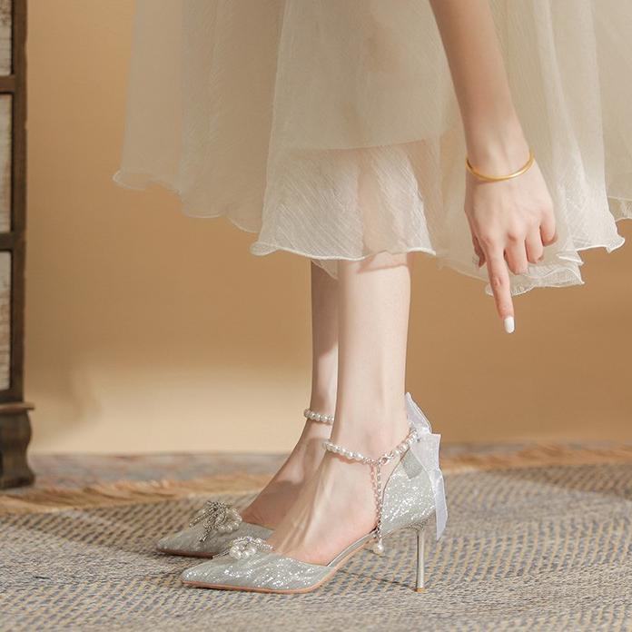 Women's Bowknot Pumps Shoes Pointed Toe High Heels Stiletto Pearl Ankle Strap Closed Toe Wedding Party Dress Sandals for Women Strappy Heeled Pumps