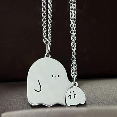 2PCS Stainless Steel Silver Color Ghost Cat Pendant Couple Necklace For Women Men Fashion Best Friend Clavicle Chain Necklaces