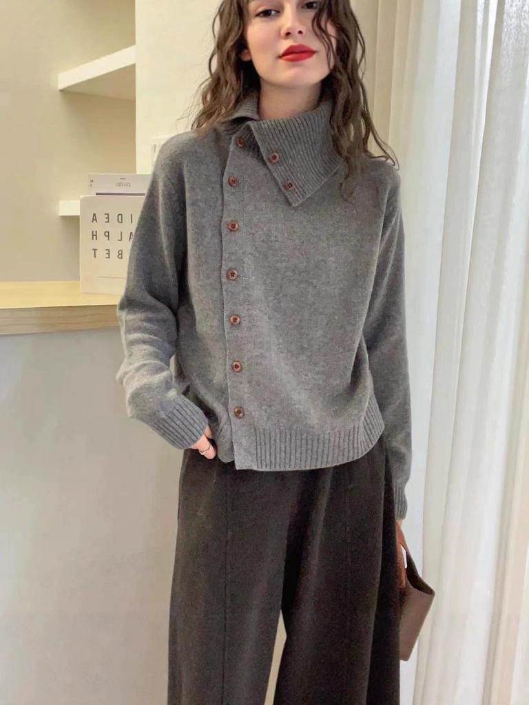 Autumn/Winter Women's 100% Wool High Neck Slanted Button Soft Knit Cardigan - Versatile Long Sleeve Sweater