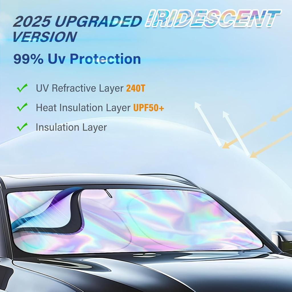 Iridescent Sun Shade for Car Windshield, Foldable Universal Car Windshield Upgrade Sunshade Enhanced UV Rays Reflective Sun Visor Shade Keeps Vehicle
