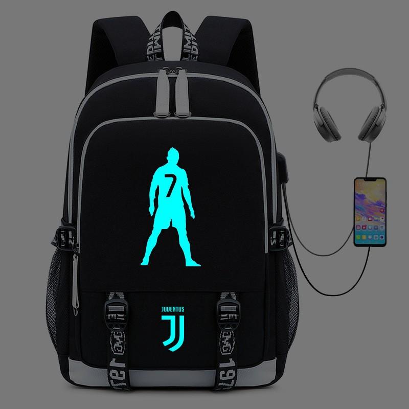 Cristiano Ronaldo Licensed Backpack With USB Charging Port Glow-in-the-Dark Design Lightweight School Outdoor Bag Teens