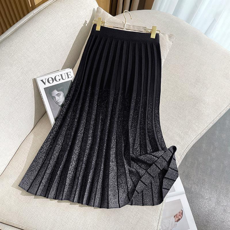 Autumn and Winter Mid Length Knitted Pleated Skirt with Elastic Waist Gradient Skirt