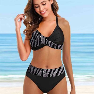 Costume da bagno bikini tankini con stampa a righe spezzate con tracolla da donna