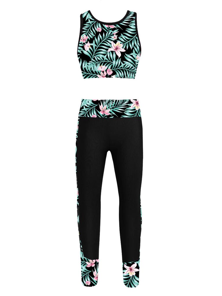 2Pcs Elastic Waistband Long Leggings Pants + Sleeveless Mesh Racer Back Tanks Tops Digital Print Gym Dancewear Outfit