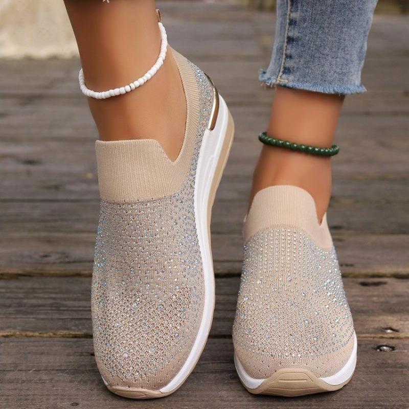 Fashion Rhinestone Women Shoe Casual Sneakers Wedge Flat Loafers Spring Summer New Knitted Single Shoes Adult Ladies Plus Size
