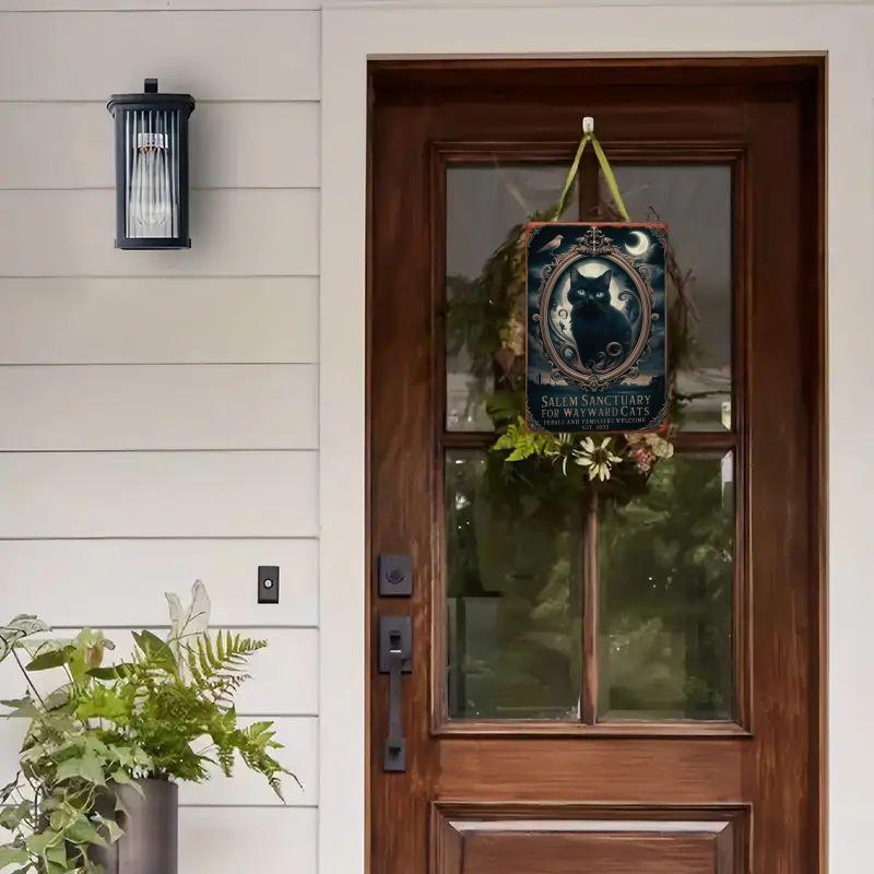 Style Salem Sanctuary for Wayward Cats Metal Sign, Wall Hanging Decor, Rustic Tin Art with Ornate Frame & Moonlit Night Design