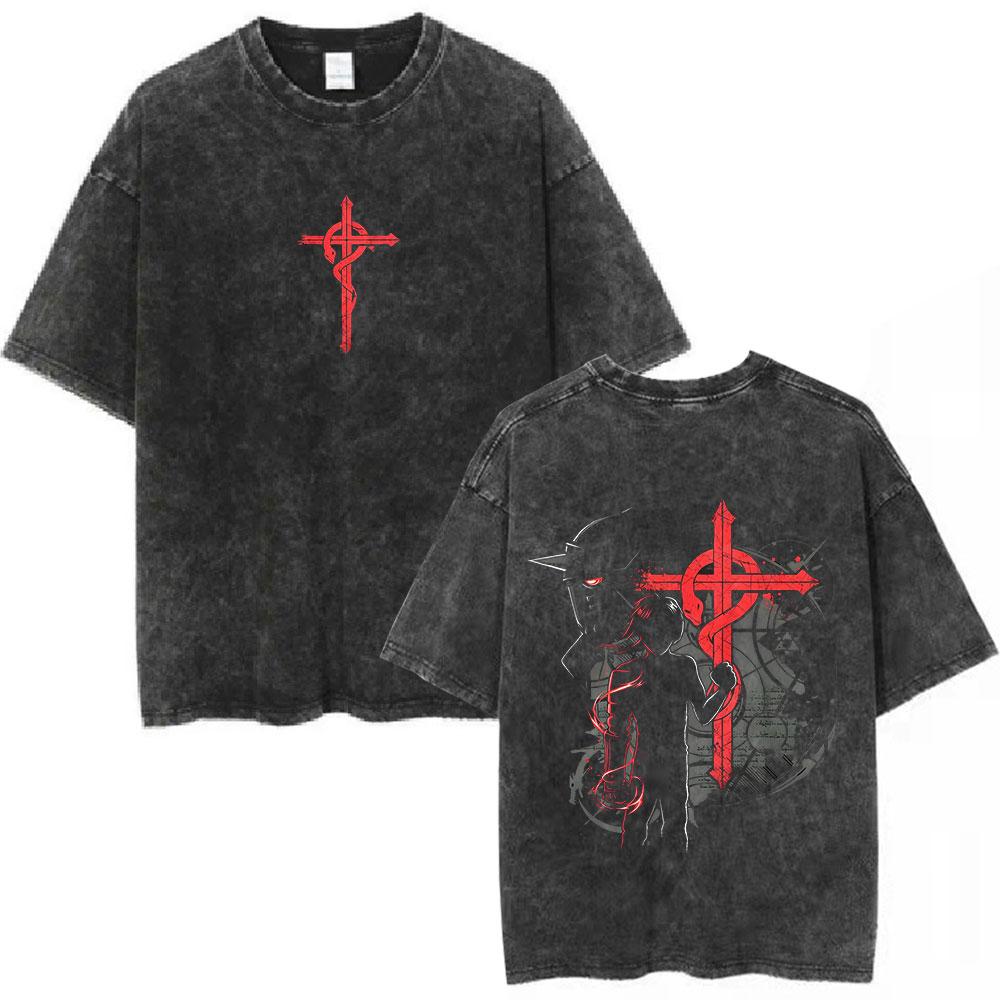 

Vintage Washed Anime Fullmetal Alchemist Edward Elric Graphic TShirt Men Women Fashion Clothing Cotton Oversized Tshirts Tops S