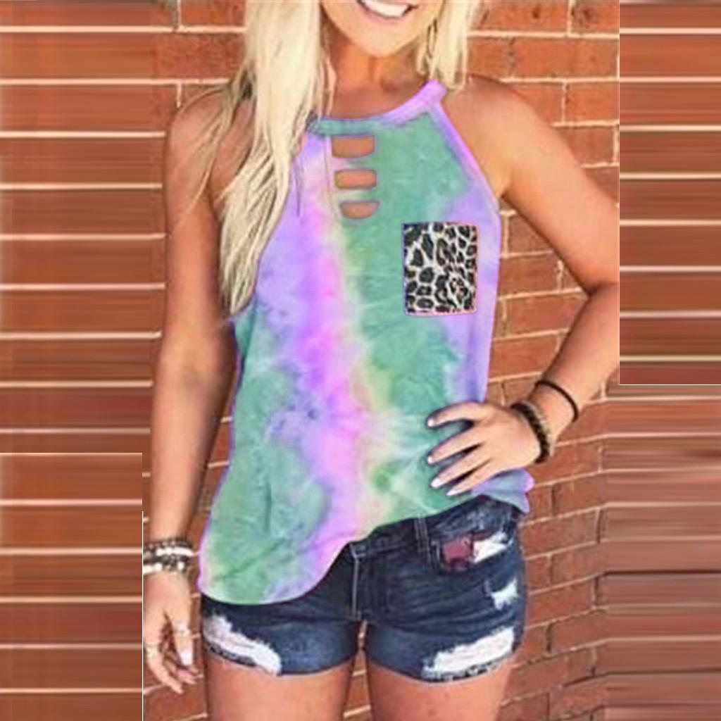 Womens Tie-Dye Leopard Pocket Sleeveless Tank Top Casual Summer Blouse Shirts