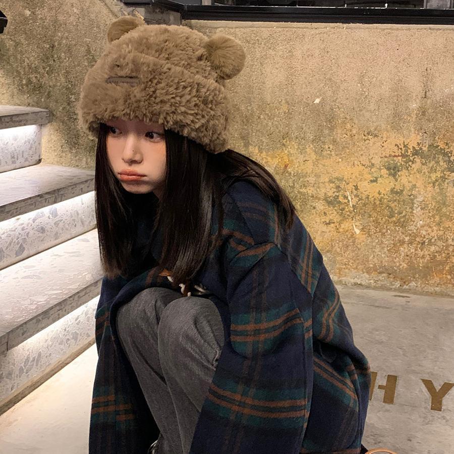 Elegant Bear Plush Knit Hat For Women Winter Warm Thick Fur Cap Beanie