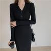 Autumn Winter Women's Dress Button V-neck Knitted Party Long Sleeve White Long Dress Bodycon Casual Elegant Ladies Dresses Harajuku