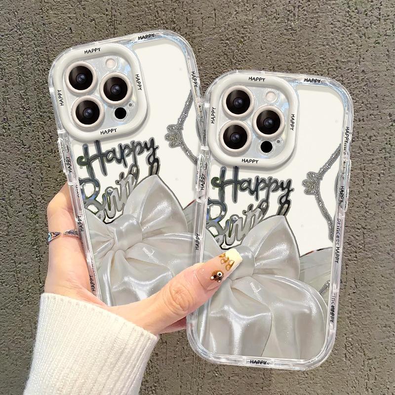 

Silk Bow Suitable for Apple 16 Mobile Phone Case 15 Full Cover Anti-fall 14 Mirror Cream Shell 13 Niche 12 Light Luxury iPhone 7 Plus/8 Plus