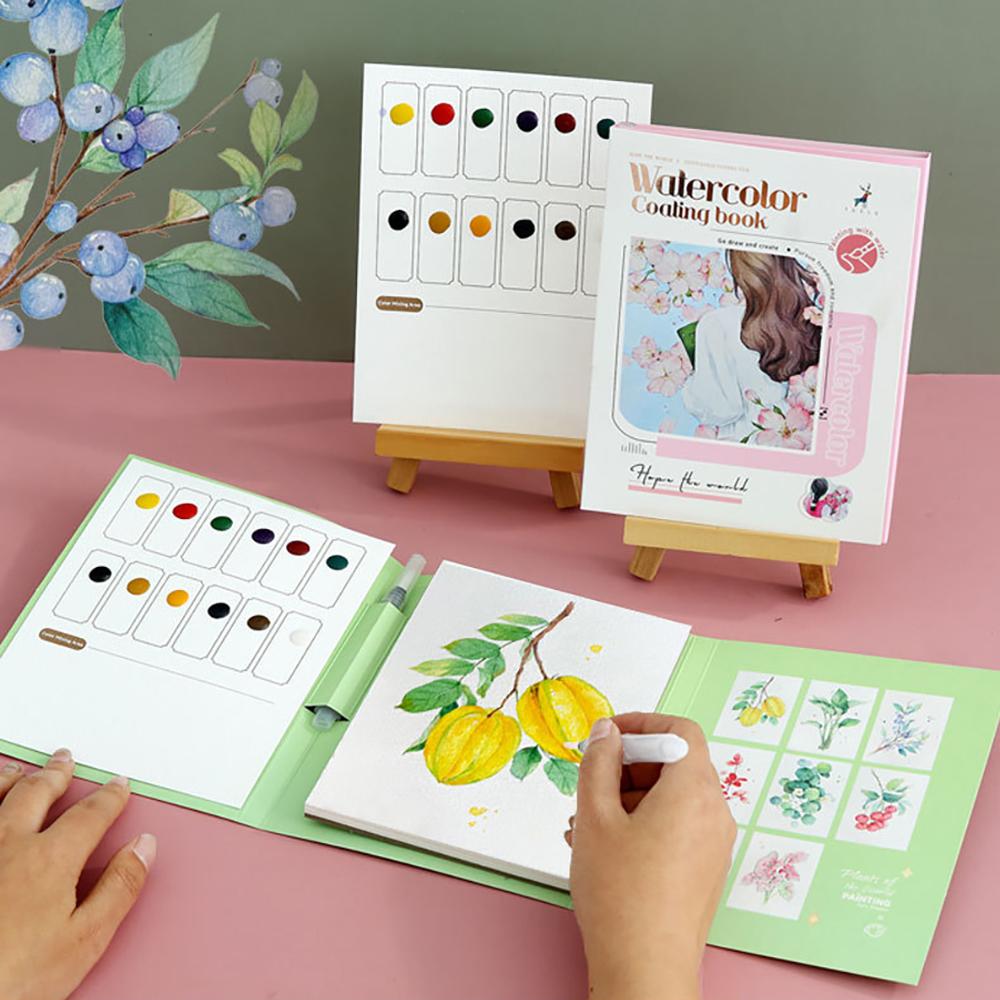 Three fold watercolor coloring book with built-in pigments, adult decompression DIY portable coloring watercolor drawing book