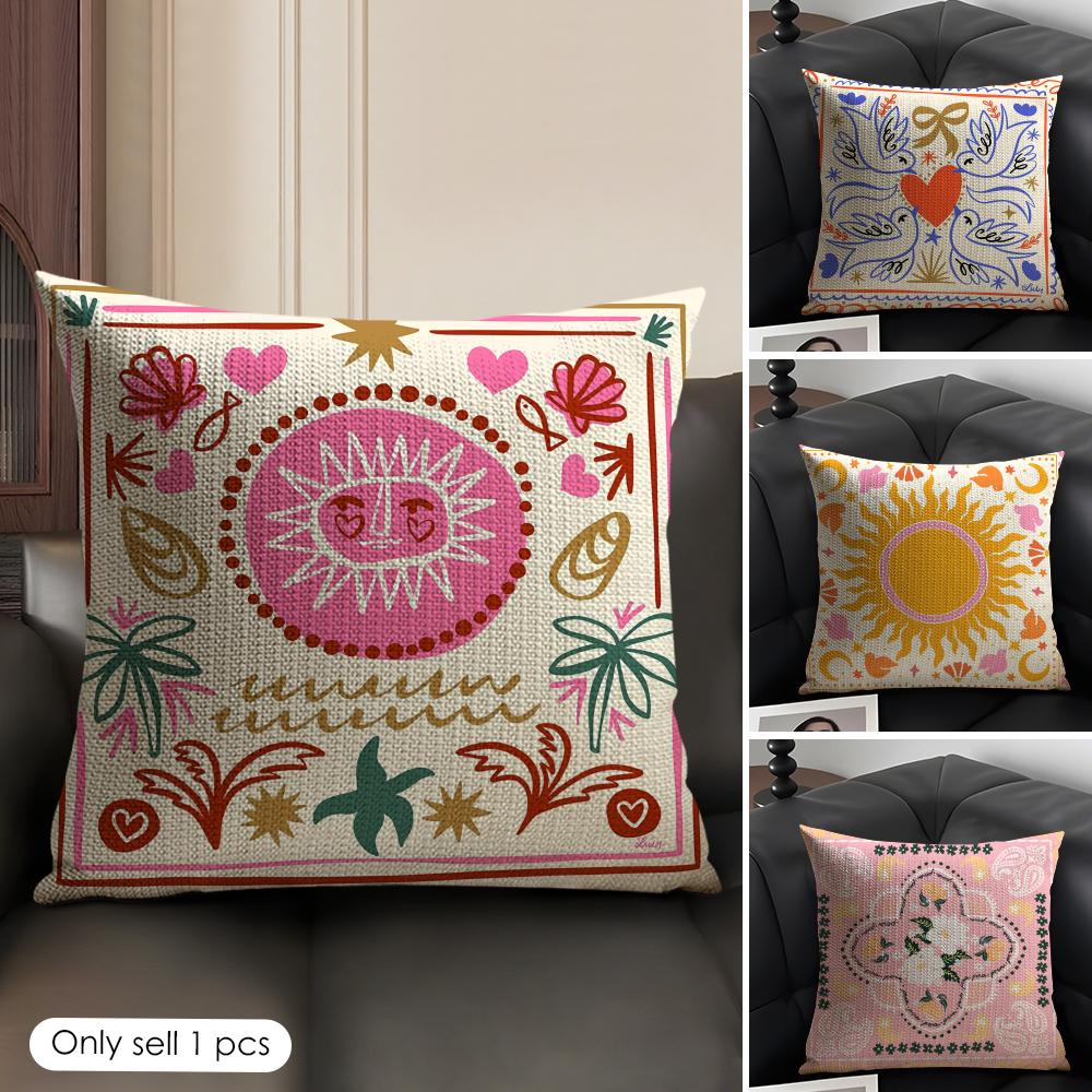Cute Cartoon Flowers Fashion Art Cushion Cover Natural Linen Organic Fabric DoubleSided Printing Sofa Home Decor Pillow Case
