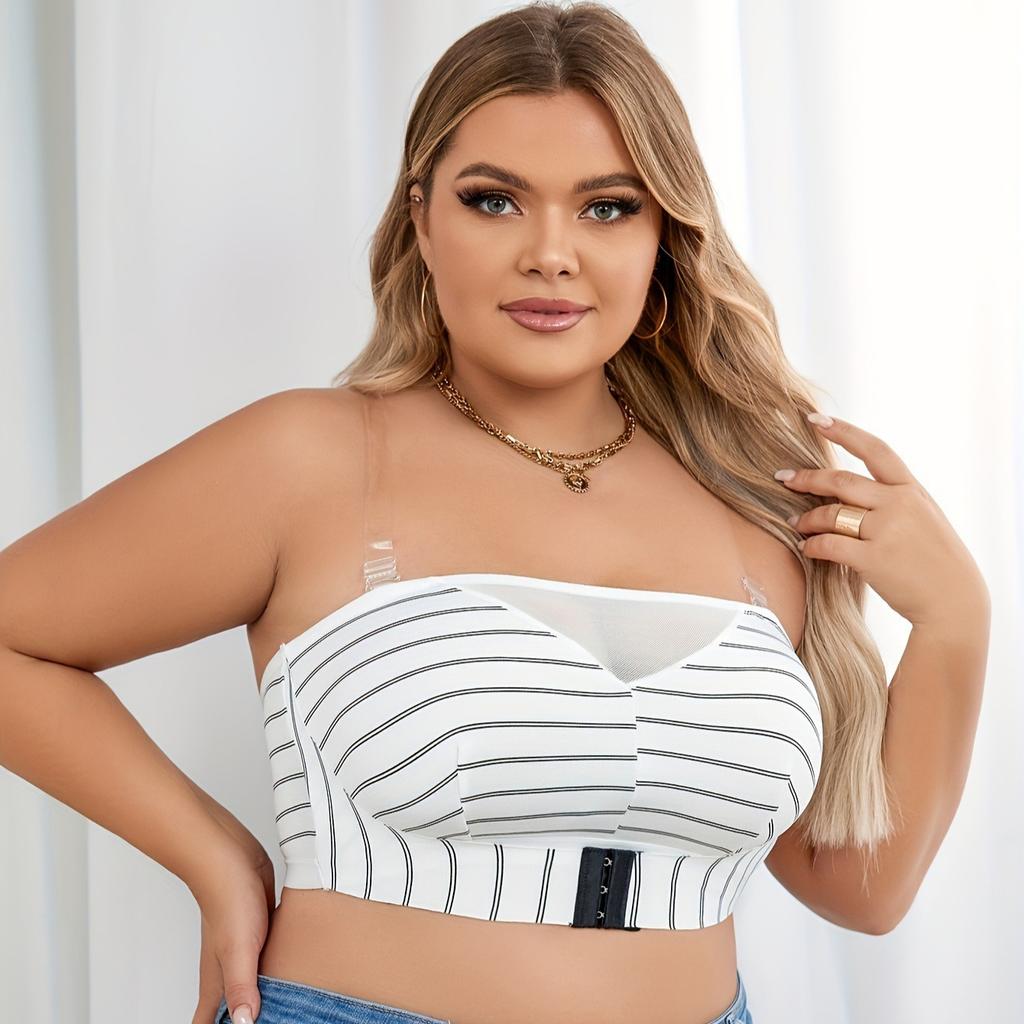 Large Size Black and White Stripes Mesh Pattern Breathable Seamless Underwear Fashionable Side Breast Control Detachable Bra