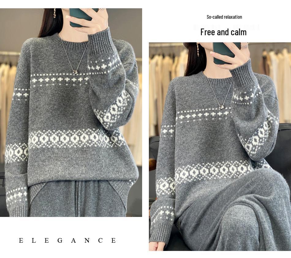 Autumn/Winter Women's Thick Wool Seven-Stitch Long Sleeve Knitwear with Four-Leaf Clover Jacquard