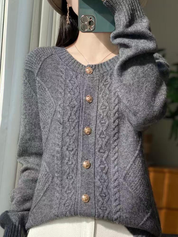 Women's Autumn/Winter Thick Wool Cable Knit Cardigan - Round Neck, Long Sleeve, Double-Strand, Lazy Style.