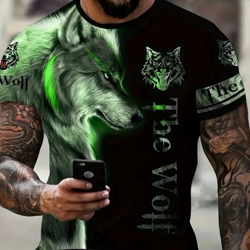 New Summer Men's Fashion T-shirt Personality Fierce Wolf Printed Men's T-shirt Top