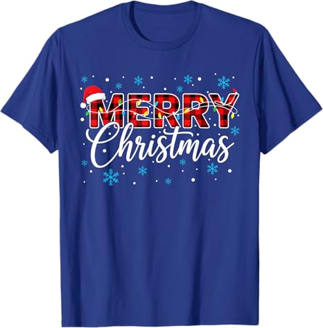 Funny Merry Christmas Buffalo Plaid Santa Hat Unisex Women TShirt Xmas Costume Novelty Gift Festive Santa Hat and String Lights