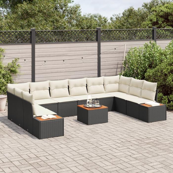 VidaXL Ensemble de canapés de jardin 11 pièces avec coussins Noir Rotin synthétique Acacia 3348178
