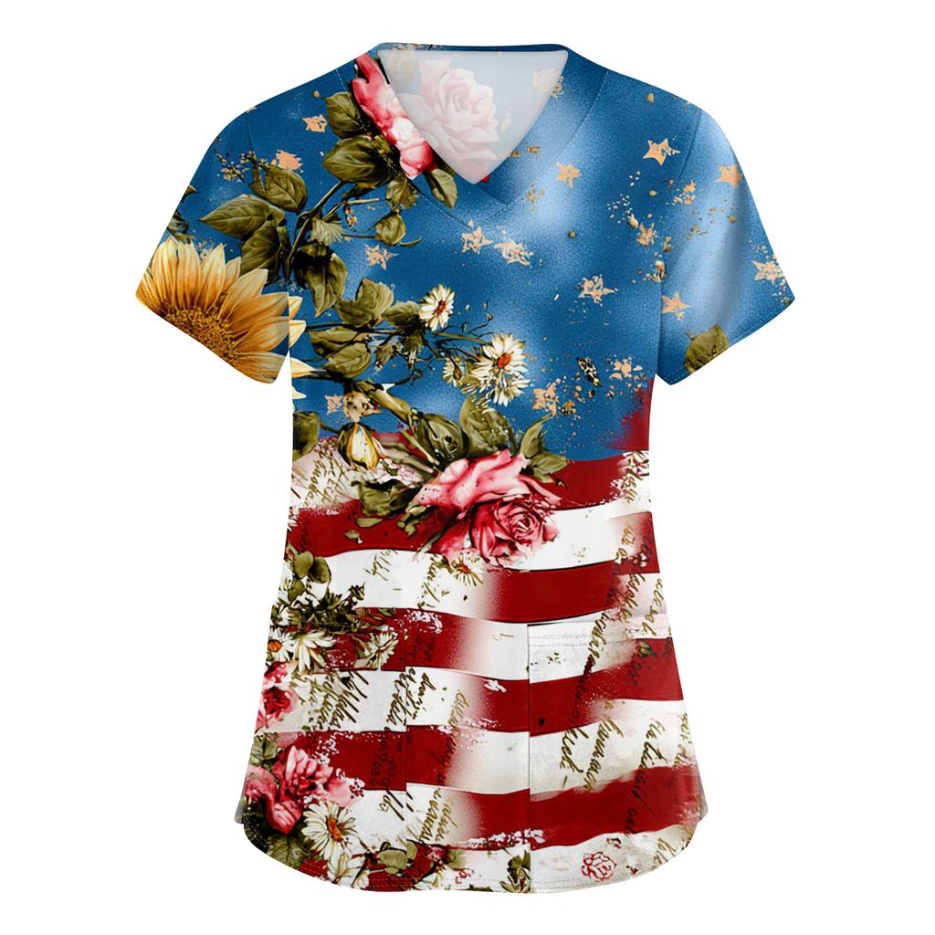 Damen Kurzarm Unabhängigkeitstag Aufdruck V-Ausschnitt Tasche Arbeitskleidung Oberteil