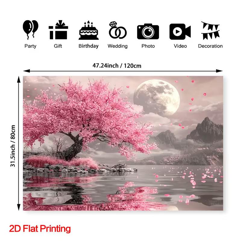 2D Nature Moonlit Lake with Sakura Tree Wall Art Tapestry