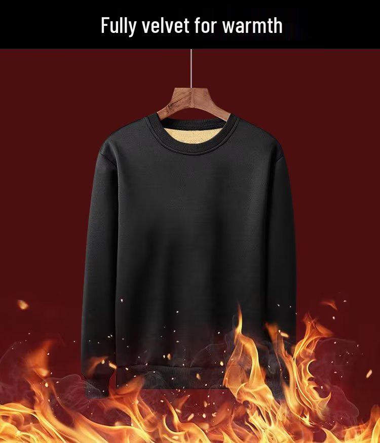 Men's Fleece-Lined Crew Neck Sweatshirt - Loose Fit, Solid Color, Warm Autumn/Winter Wear.