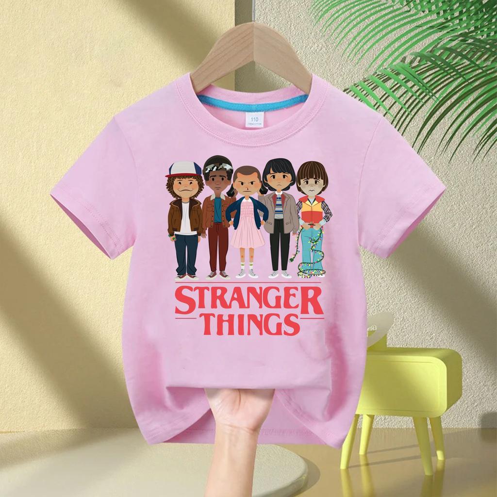 Boys and Girls Demogorgon Hawkins Top Stranger Things Childrens Cartoon Print Pure Cotton Tshirt 2026 Summer Round Neck