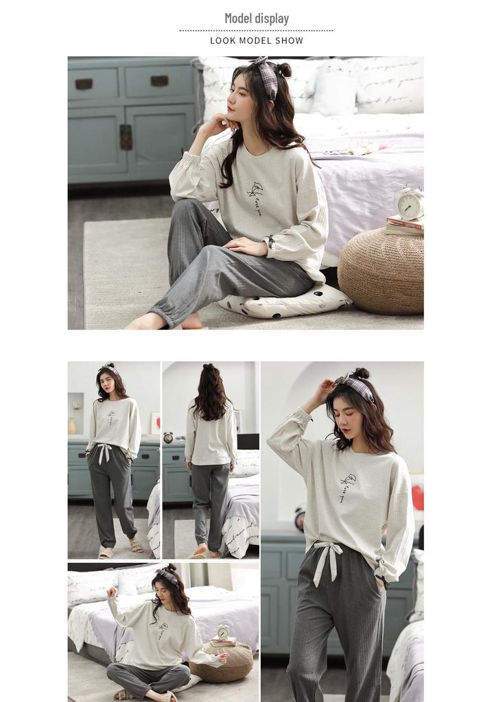 Women's Cartoon Cotton Pajama Set – Long Sleeve, Long Pants, Casual Wear for Spring & Autumn, Wearable Outdoors, Two-Piece.
