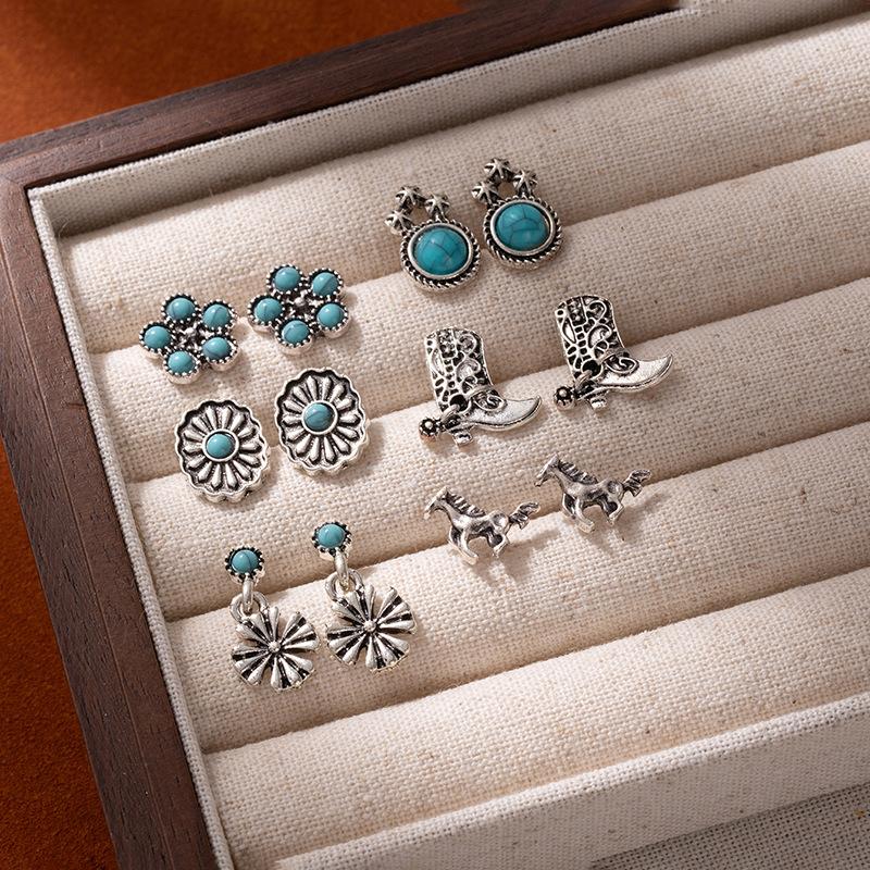 Vintage Ethnic Wind Turquoise Flower Earrings Carved Inlaid Turquoise Square Ear Needles Female Bohemian Ethnic Wind