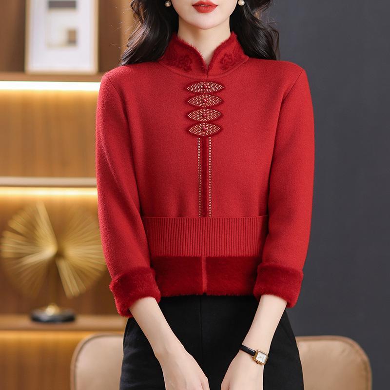 Autumn/Winter Velvet Cheongsam Collar Sweater for Middle-Aged Women - Warm, Stylish Red Top