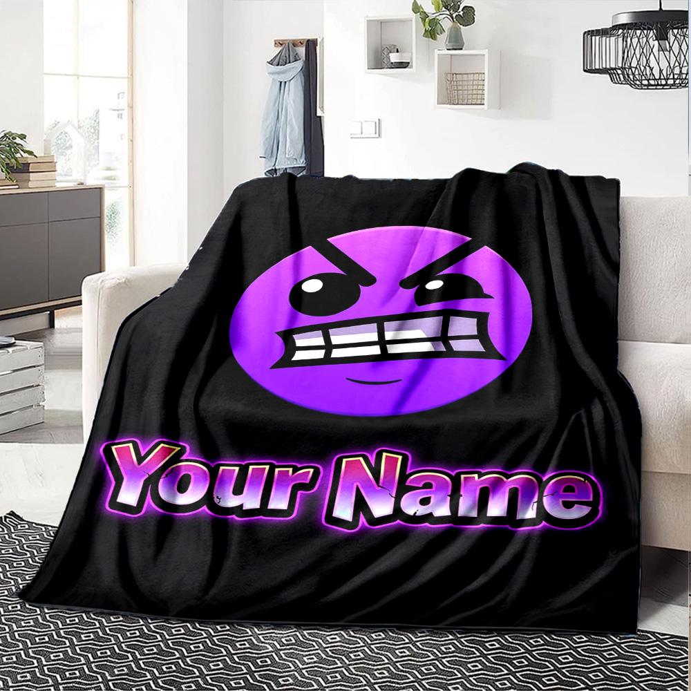 1pc Geometry Dash Blanket with Custom Name, Gift, for Men and Women, Soft Blanket, Good for Sofa Bed Couch Travel, Lightweight Flannel Blanket