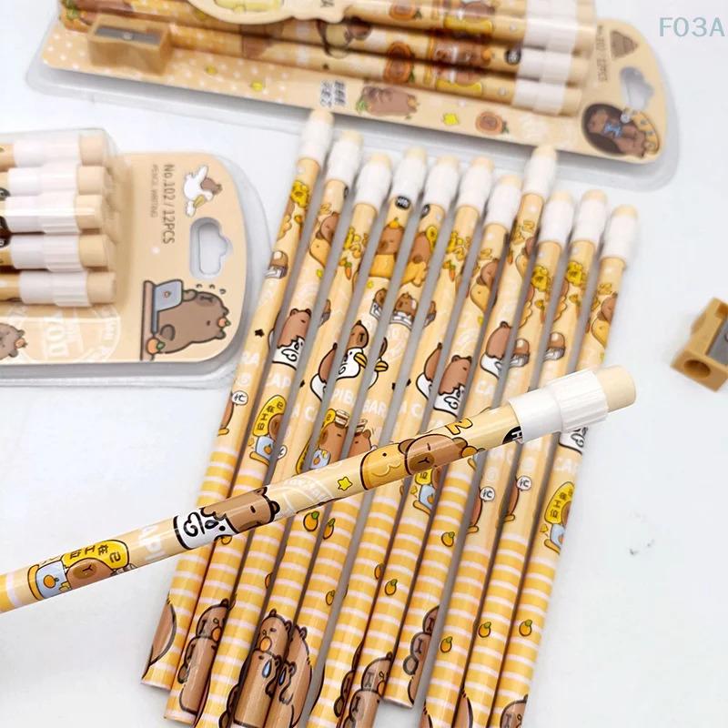 Cute Cartoon Capybara HB Pencils Set Includes Pencil Sharpener Perfect School Stationery Gift for Students