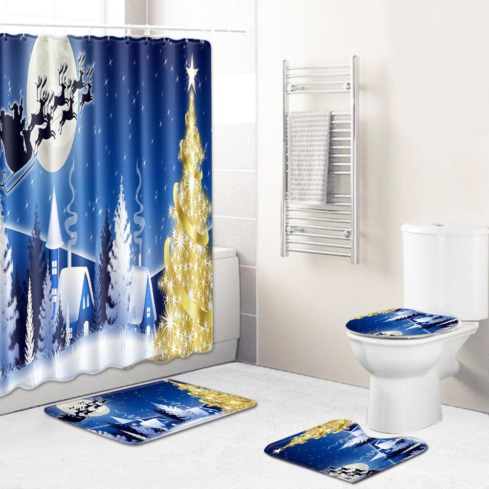 Christmas Four-Piece Shower Curtain Combination Floor Mat Set Bathroom Non-Slip Door Mat Absorbent Carpet