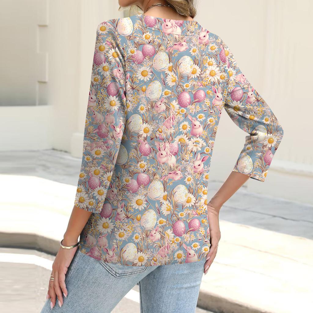 Women's Fashion Casual Print Button-down Shirt 3/4  Sleeve Tops