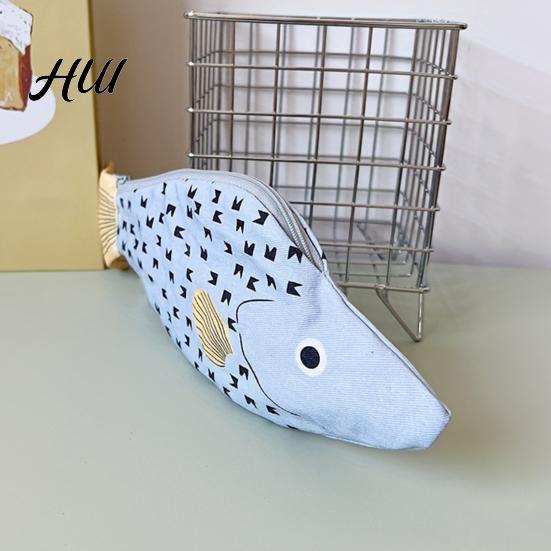 Lightweight Pencil Case Bag Fish Shape Smooth Zipper Closure Pen School Supplies Holder Large Capacity Thickened Canvas Stationery Organizer Storage