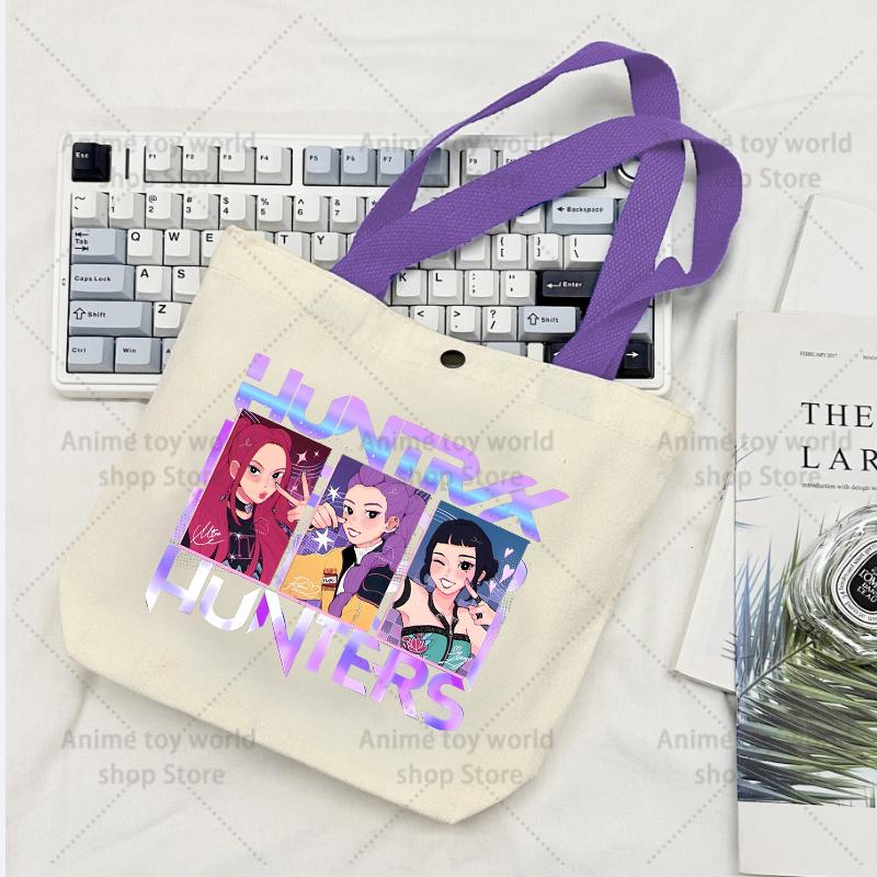 KPop Demon Hunters GIRLS Canvas Shopping Bags Women Cotton Tote Bags Reusable Cartoon Letter Shoulder Bag Grocery Handbag Beige