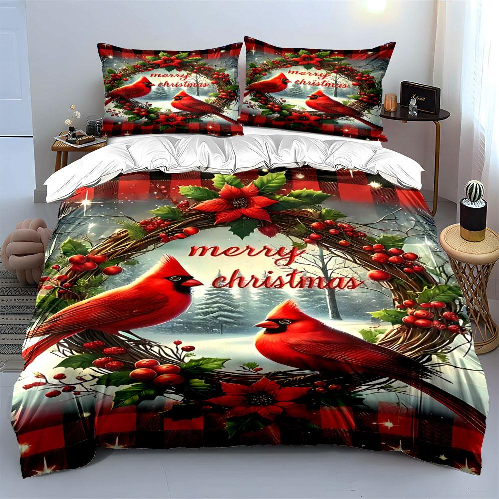 Cardinals, Wreath, Poinsettias, Berries. Bedding Sets Duvet Cover Sets Duvet Covers Pillowcases(1 * Duvet Cover 2 * Pillowcases Without Duvet Insert)