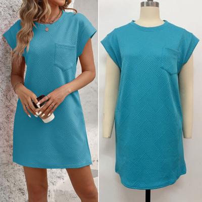 Summer Mini Dress with Chest Pocket O Neck Short Sleeves Solid Color