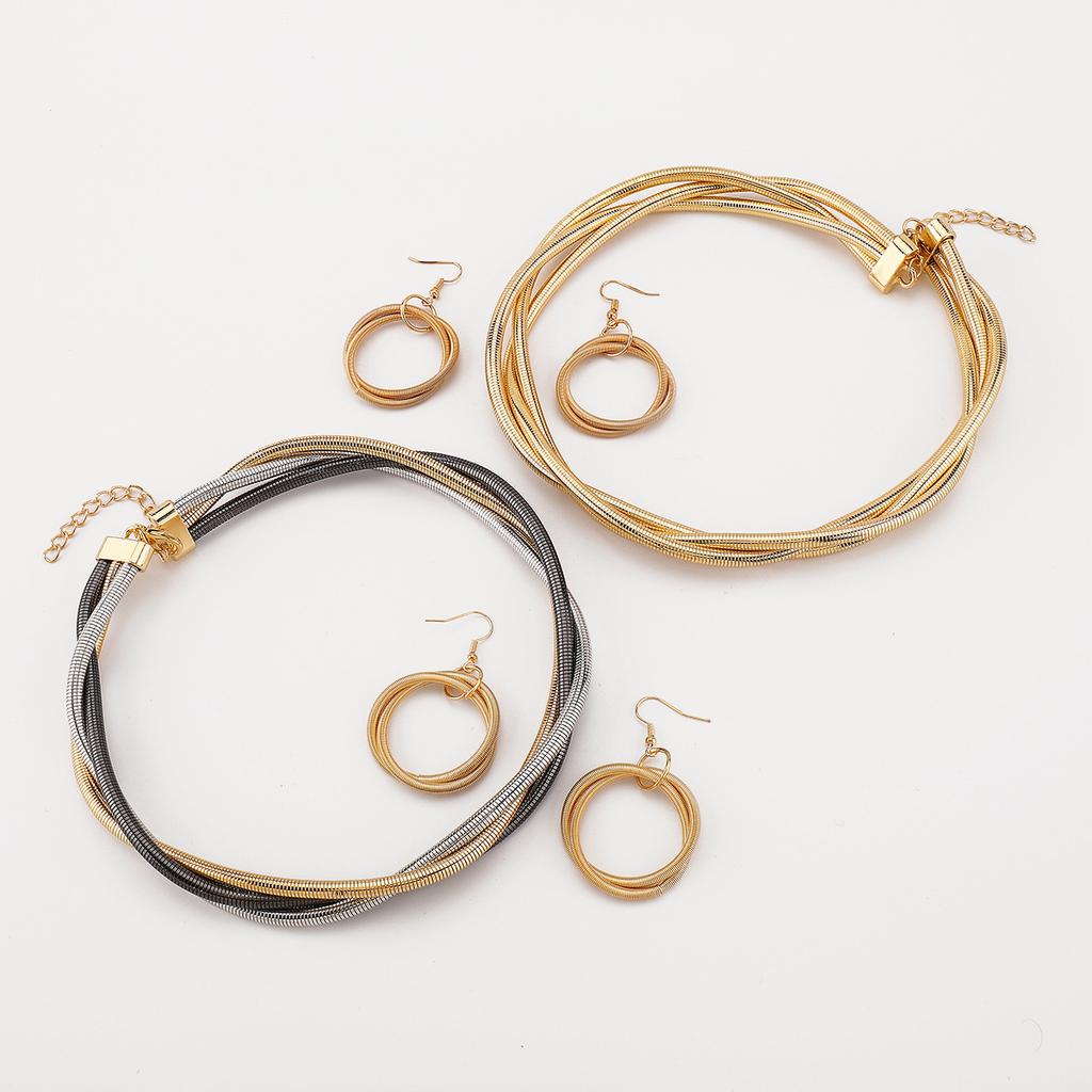 Tooxika Exaggerated Personalised Snake Bone Multi-Layered Triple Wire Twisted Loop Clasp Punk Metal Necklace And Earrings Set