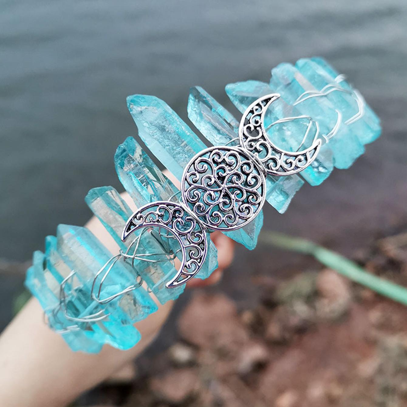 

Тиара из необработанного кристалла, повязка на голову с короной, натуральный кварц, головной убор богини Луны и ведьмы для викканского косплея, вечерние головные уборы