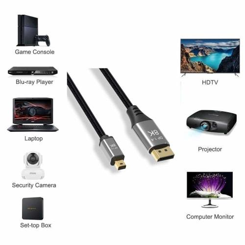 CABLEDECONN Mini DP-DisplayPort 8K Kabel 8K (76804320) @ 60Hz 4K @ 144Hz DisplayPort 1.4 Bidirektionale Übertragung DisplayPort zu Mini DisplayPort 8K