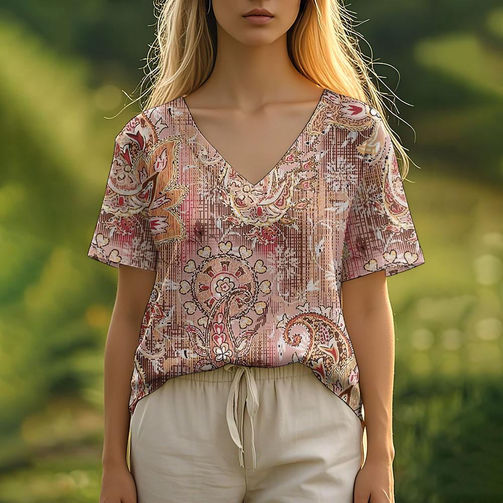 Women's T Shirt Summer Casual Short Sleeve V-Neck Tee Fashion Streetwear Ethnic Harajuku Female Oversized Clothing