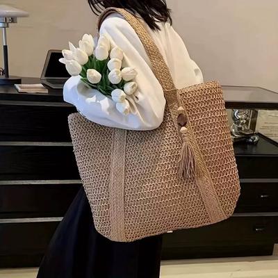 1pcs Paper Commuting Handbag Woven Handheld Beach Bag Women's Shoulder Bag Suitable for Daily Work and Shopping