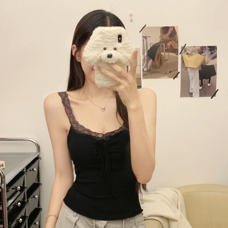 #Early autumn new sweet polished V-neck lace splicing bow sling slim fixed with chest pad